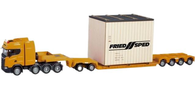 Friedsped Scaniaスカニア CS low loader低床トレーラー trailer with overseas box トラック 模型 /Herpa 1/87
