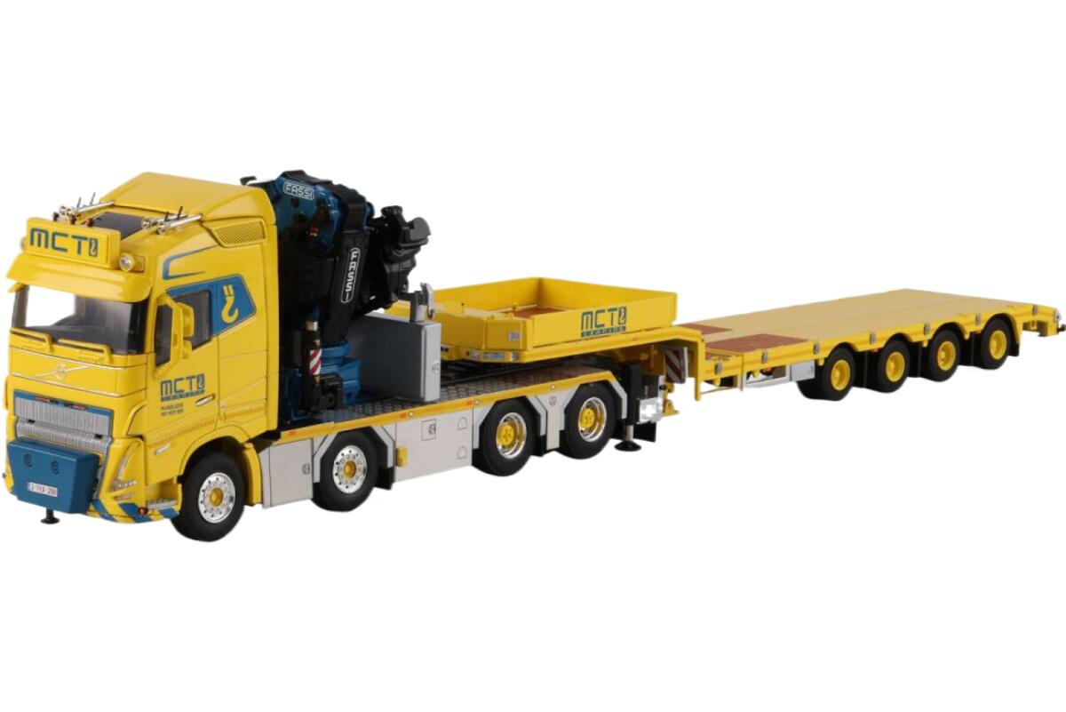MCT Craning Volvoボルボ FH5 Globetrotter 8x4 low loader低床トレーラー + ramps + 4axle Fassiファッシ 1300 + JIB トラック 模型 /WSI 1/50