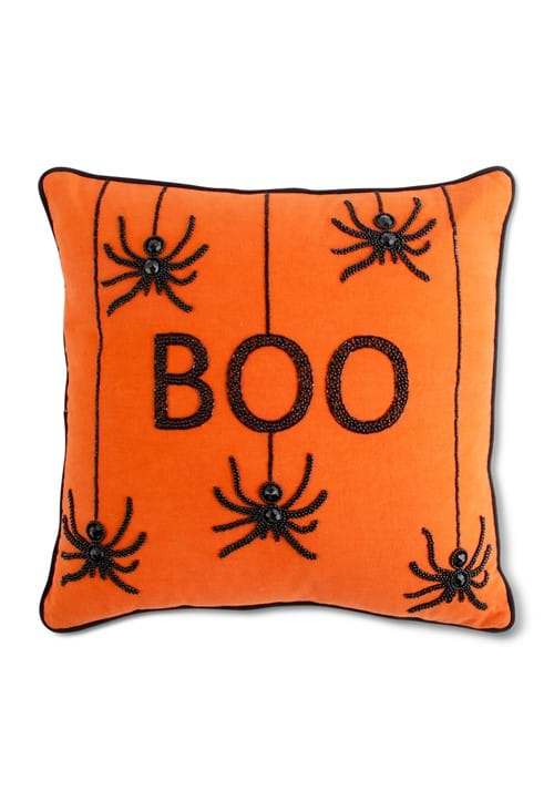 46cm オレンジ スクエア ビーズ BOO スパイダー デコラティブ ピロー ハロウィン クッション|ラストホビー