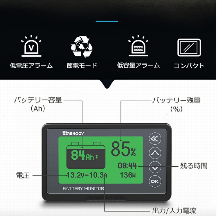 バッテリーテスター 電池チェッカー Renogy 多機能 バッテリー 残量計 チェッカー電圧計 電流計 キャンピングカー サブバッテリー用 車