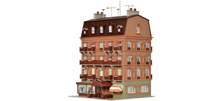 HOゲージ 鉄道模型 Vollmer フォルマー 内装 LED照明付き シティホテル 組立キット City hotel with interior and LED lighting functional kit|ラストホビー