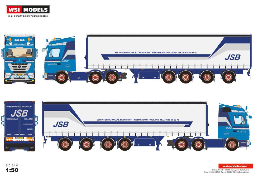 【予約】12月以降発売予定JSB SWIJNENBURG MERCEDES-BENZ ACTROS MP3 LH 6X2 TWIN STEER CURTAINSIDE TRAILER 4軸 トラック /WSI 1/50 建設機械模型 ミニチュア｜ラストホビー