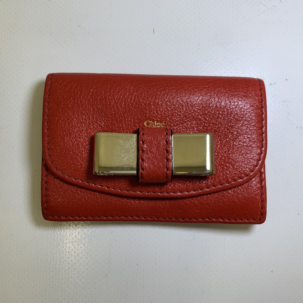 【中古】 Chlo・・　クロエ　LILY　リリィ　カードケース　名刺入れ　レザー　赤　レッド　リボン カードケース 07w27043 【大和店】