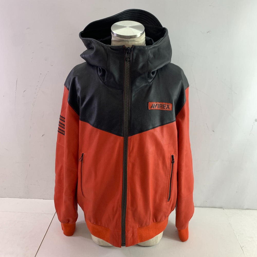 04w4305▽※【中古】AVIREX アヴィレックス グラマラス グレニス レザー トラックジャケット メンズ オレンジ×ブラック L 6101054【八王子店】