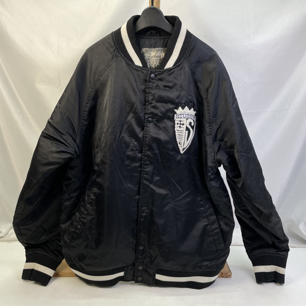 OLD STUSSY ステューシー 総柄 SSリンクロゴ スタジャン ジャケット 90'S OLD STUSSY SS COUPE LEATHER×MELTON STADIUM JACKET
