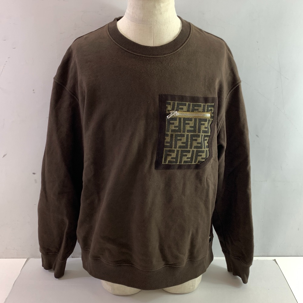 04w4851▽※【中古】FENDI フェンディ FY3938 APNO スウェットシャツ FFモチーフ レザー製パッチポケット 長袖クルーネック トレーナー 丸首 ブラウン XLサイズ【八王子店】|トレーダー 店