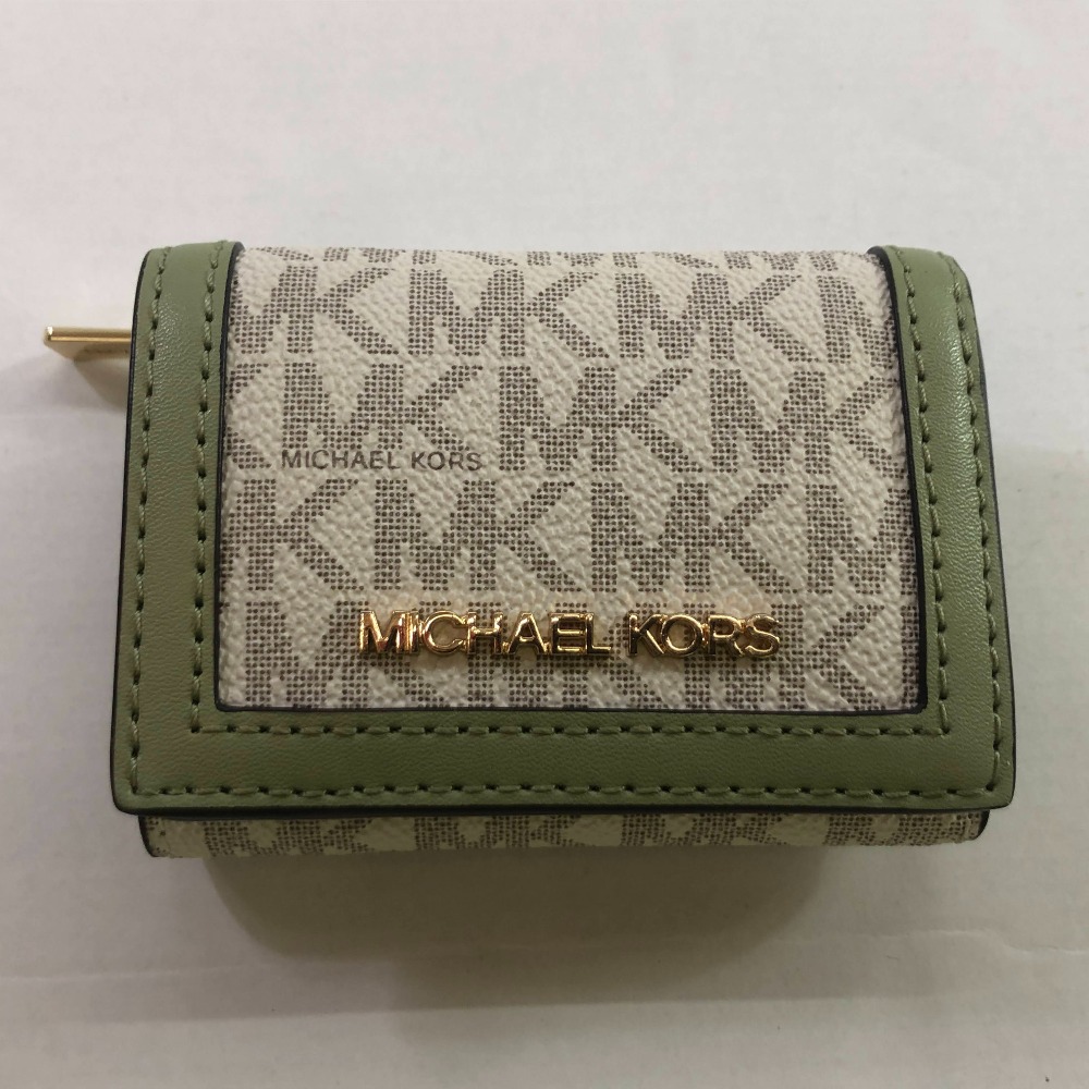 04w4977∞※【中古】 MICHAEL KORS マイケルコース 3つ折り財布 JETSET TRAVEL 35F3GTVD0B ホワイト/グリーン 総柄 コンパクト 財布【八王子店】