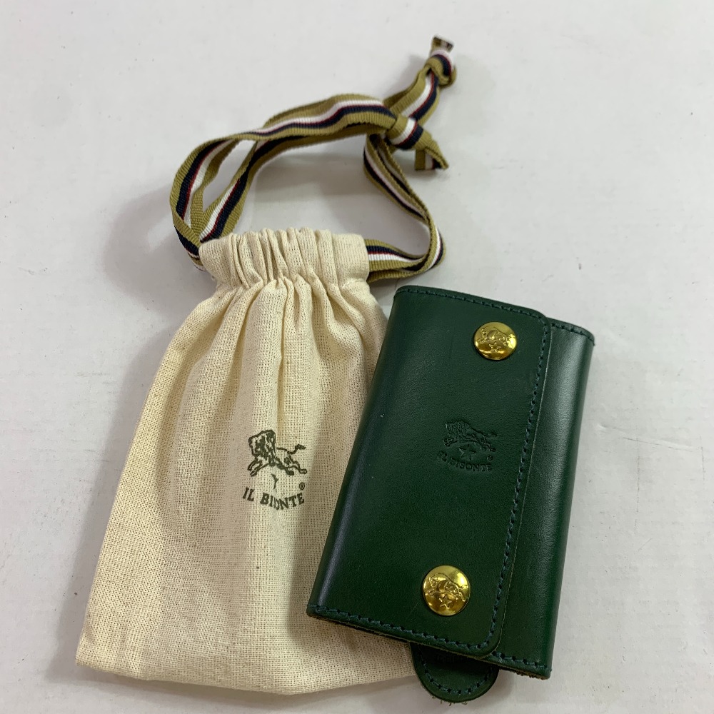 04w5234▽※【中古】イルビゾンテ IL BISONTE レザーリング付きワイドキーケース 本革 レザー グリーン 小物【八王子店】 7,700円