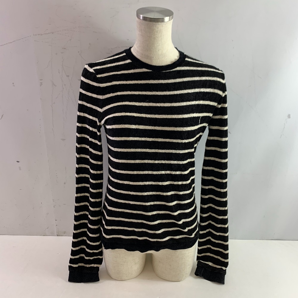 04w5671▽※【中古】SAINT LAURENT サンローラン ボーダートップス ストライプ長袖 M ブラック YP73 2021 02250 ベロア【八王子店】