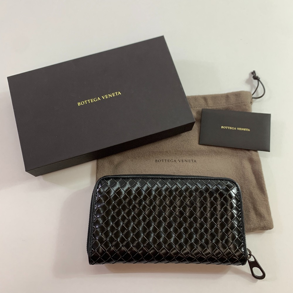 04w5711▽※【中古】BOTTEGA VENETA ボッテガヴェネタ イントレチャート ラウンドジッパー 長紙入れ なめし革 黒いこと  ユニ一発やる【八王子店】