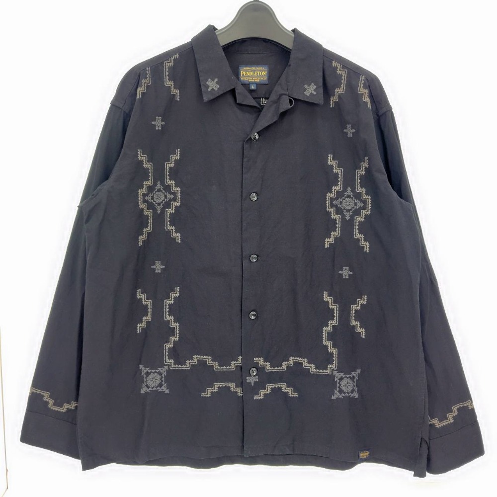 【中古】 ペンドルトン PENDLETON エンブロイダリーオープンカラー長袖シャツ ブラック サイズL 中国製 メンズ 長袖シャツ コットン 05w19628 【館林店】