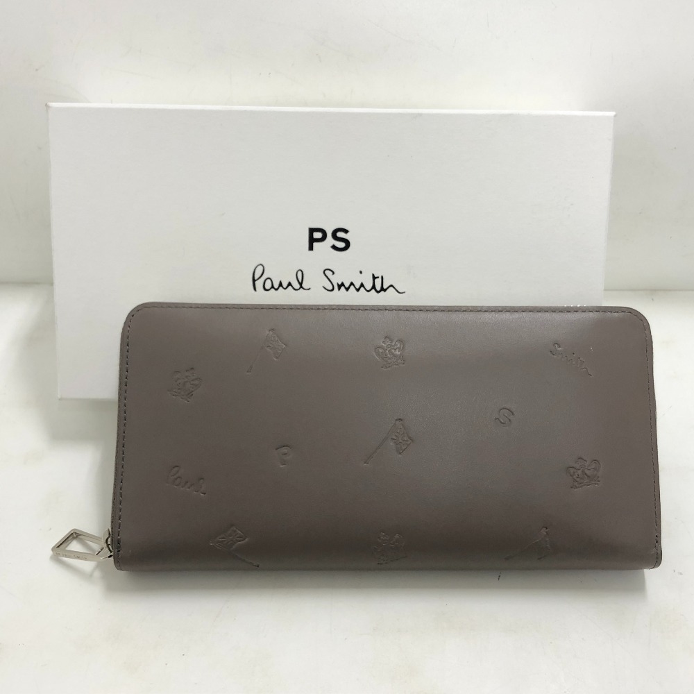 【中古】 Paul Smith 極点スミス  線描 ラウンドジッパー長紙入れ  グレージュ  越南製 箱・引き船あり  長紙入れ  牛皮  P076 813-007  02w23750  【牛久店】