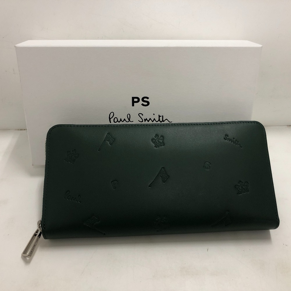 【中古】 Paul Smith 極点スミス  線描 ラウンドジッパー長紙入れ  緑であること  越南製 メンズ  箱・引き船あり  長紙入れ  牛皮  P076 813-007  02w23751  【牛久店】