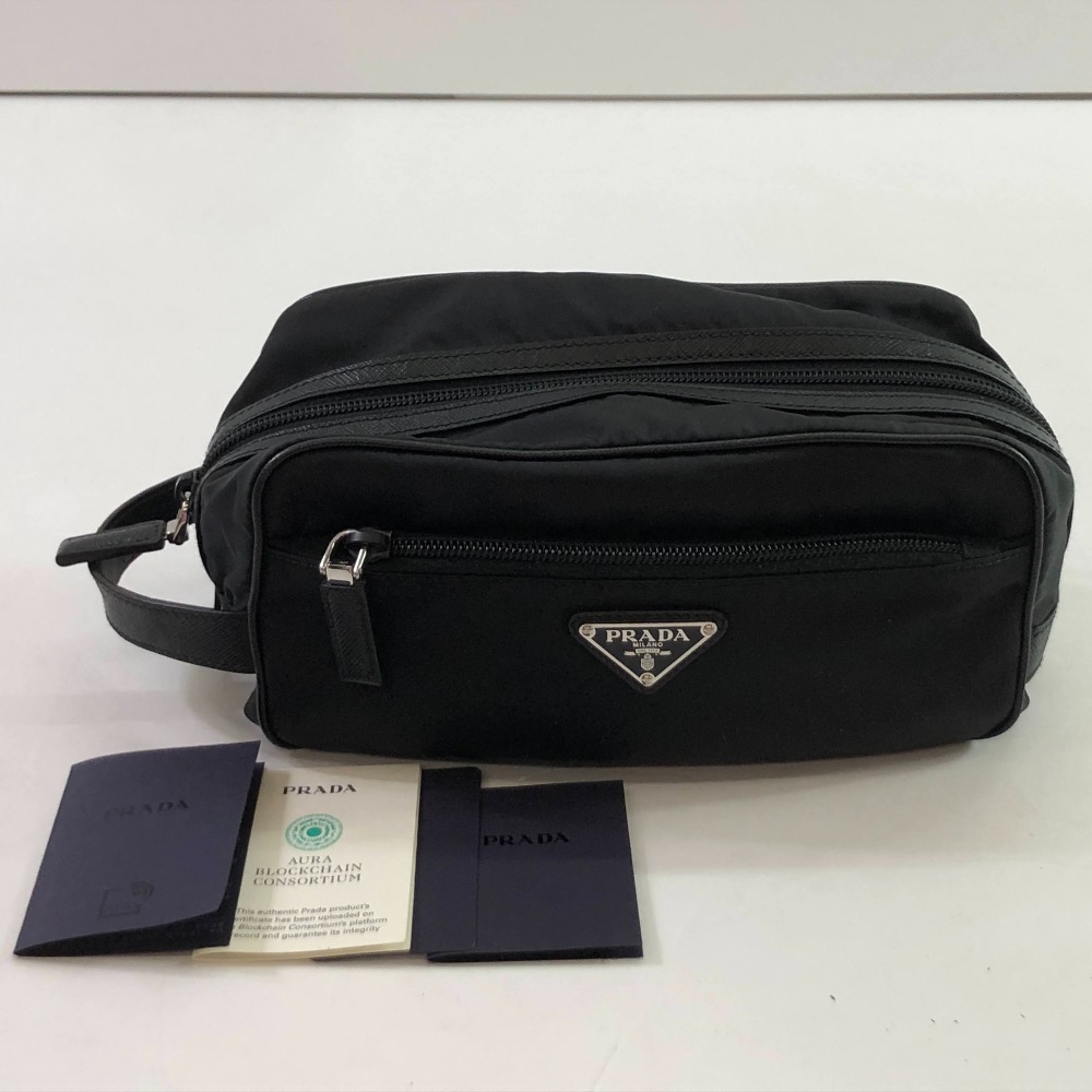 04w6475∞※【中古】 PRADA プラダ Re-Nylon x サフィアーノレザー 周遊合切袋 二番目御徒面子 リナイロン 黒いこと【八王子店】