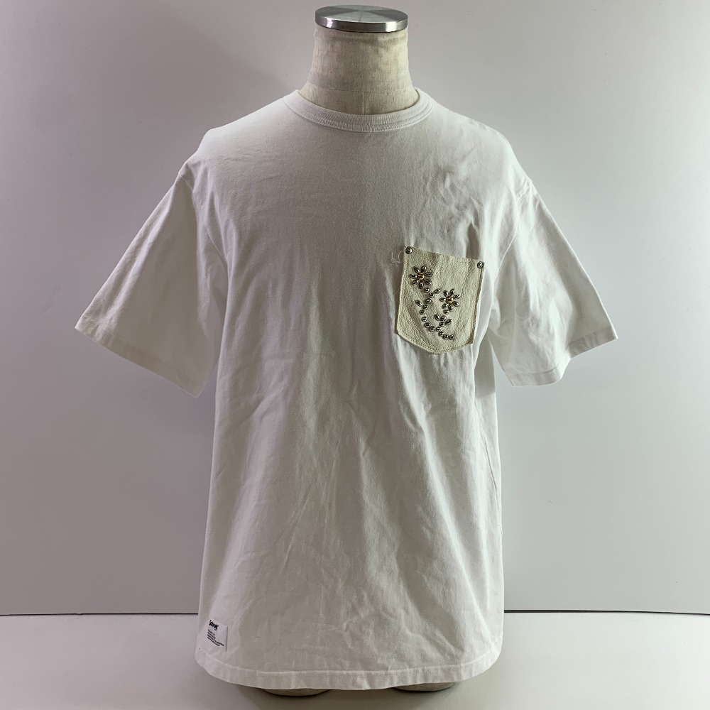 04w6575▽※【中古】Schott ショット フラワースタッズ レザーポケット Tシャツ 782-4134002 Lサイズ ホワイト【八王子店】