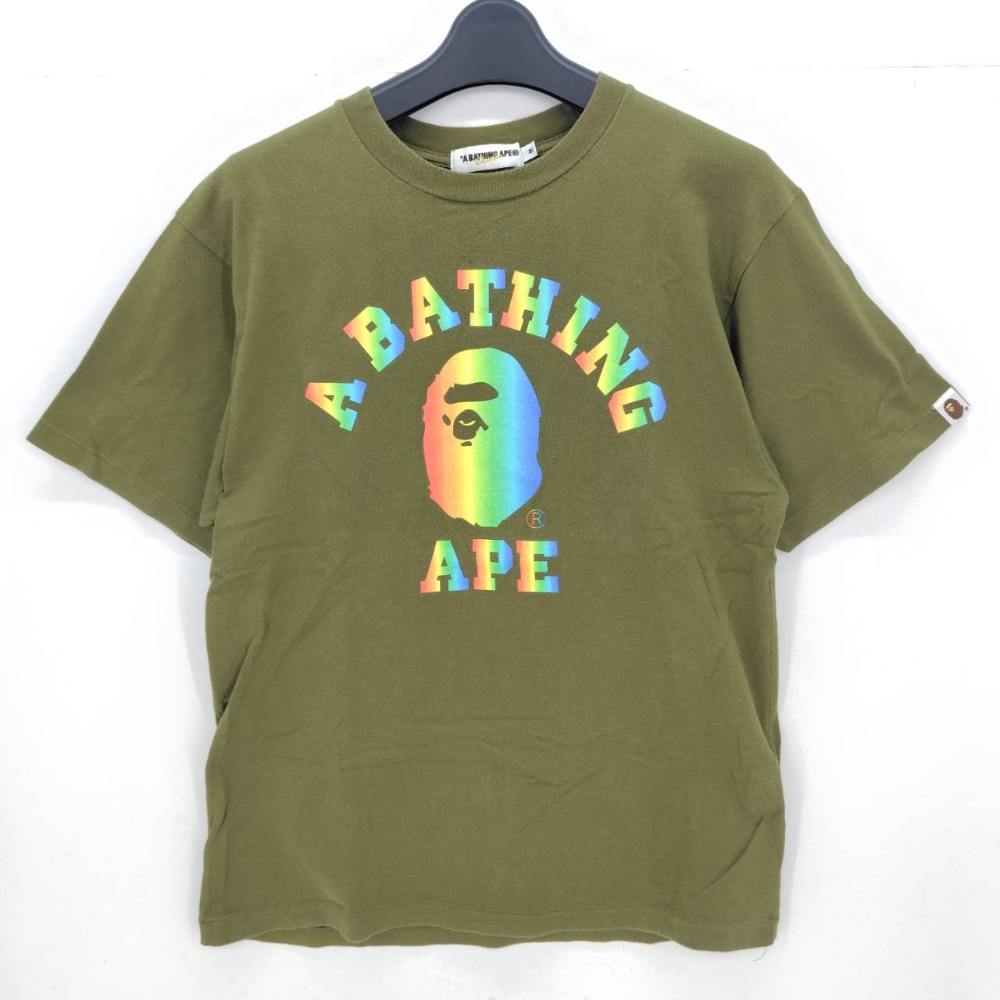 【中古】 アベイシングエイプ A BATHING APE レインボーカレッジロゴTシャツ カーキグリーン サイズM 日本製 メンズ 半袖Tシャツ コットン 05w20408 【館林店】