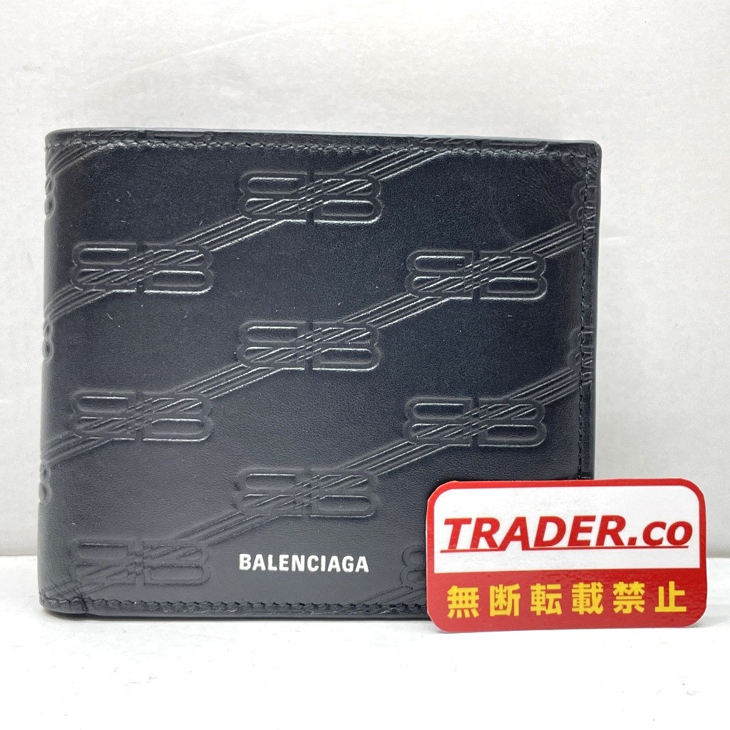 【中古】 バレンシアガ BALENCIAGA   エン元締めBBモノグラム  真四角FOLDEDウォレット  BBモノグラム型押し 二つ折り紙入れ 箱あり ショッパー付き添い人  黒いこと  イタリア製 メンズ   二つ折り紙入れ  721940  01w-6592  【結城店】
