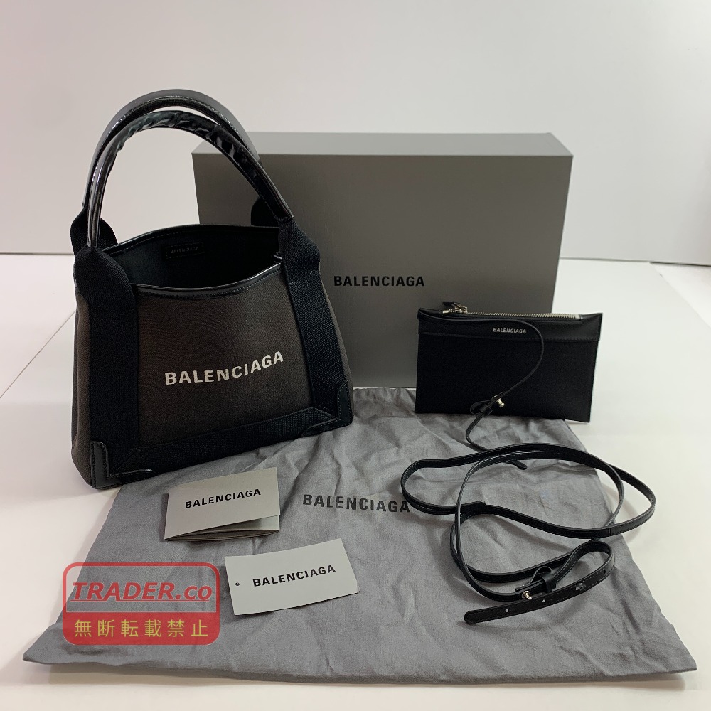 04w6808▽※【中古】バレンシアガ バッグ ショルダー トート BALENCIAGA ネイビーカバス XS レザー コットン ロゴ ミニバッグ 軽量 ハンドバッグ 390346 ブラック【八王子店】｜トレーダー　店