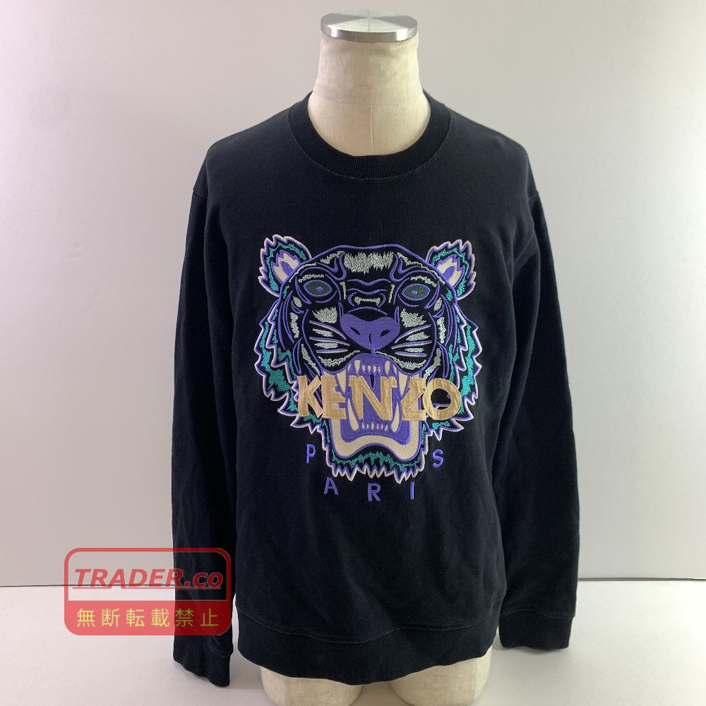 04w7114▽※【中古】KENZO ケンゾー Actua Classic Tiger Sweatshirt FA55SW1344U9 フロントデザイン刺繍 クルーネックスウェット トレーナ ブラック Lサイズ【八王子店】｜トレーダー　店