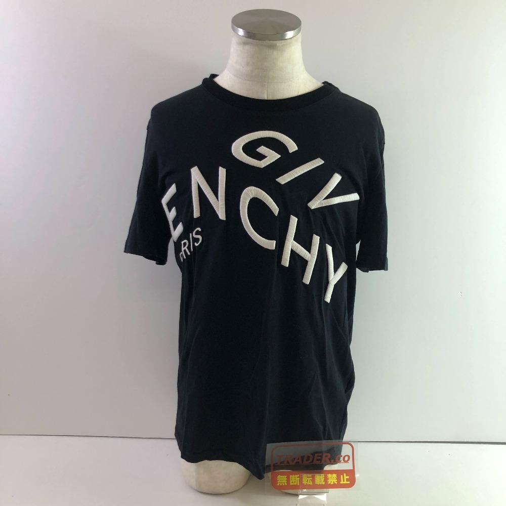 04w7446∞※【中古】 GIVENCHY ジバンシィ ロゴ刺繍 Tシャツ 半袖 クールネック ブラック サイズM コットン 【八王子店】|トレーダー 店