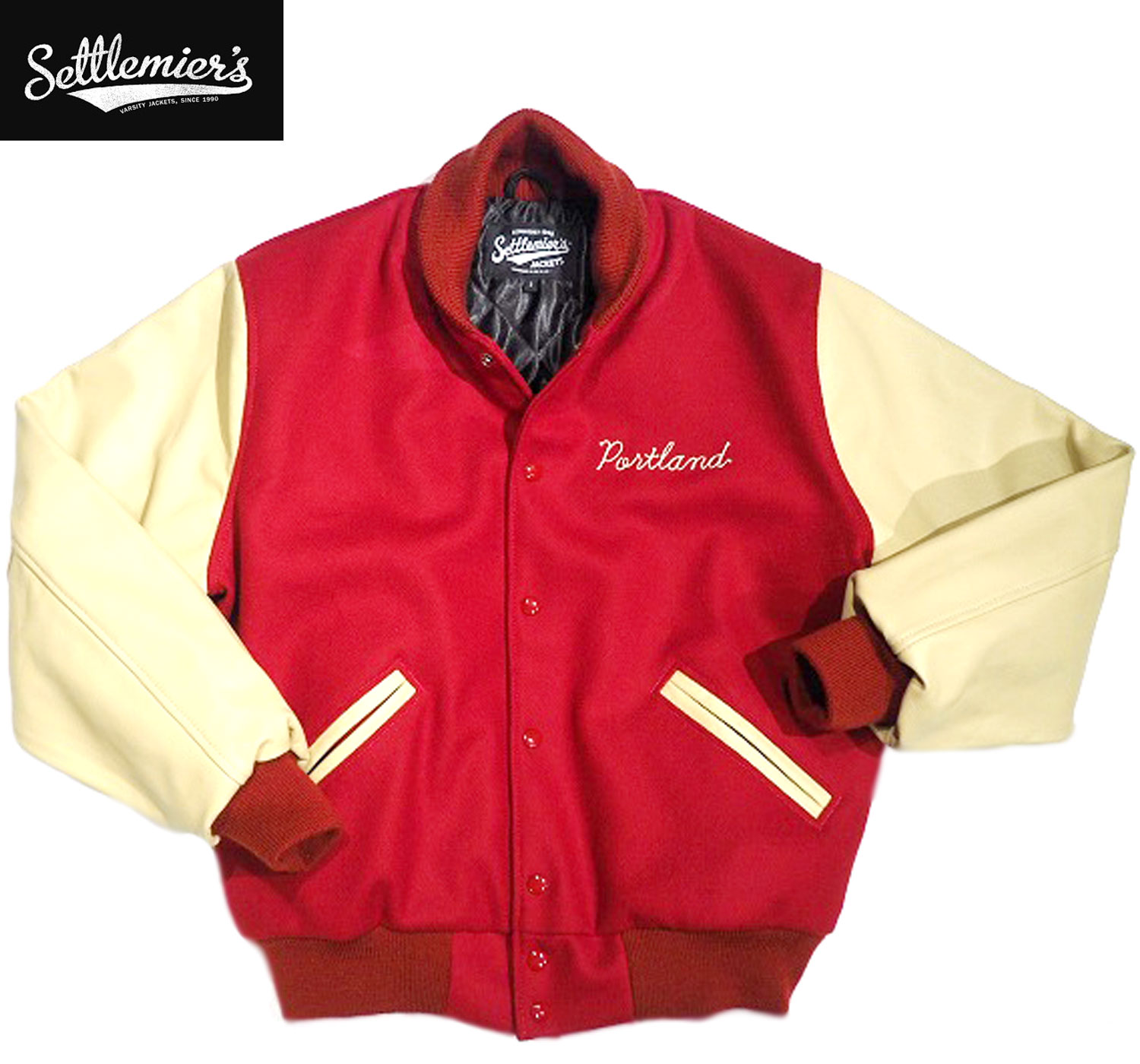 【正規取扱店】SETTLEMIER'S（セトルマイアーズ）/別注 PORTLAND LEATHER SLEEVE VARSITY JACKET w/QUILT LINING/scarlet melton x cream leather｜TRAVELS （トラベルズ）