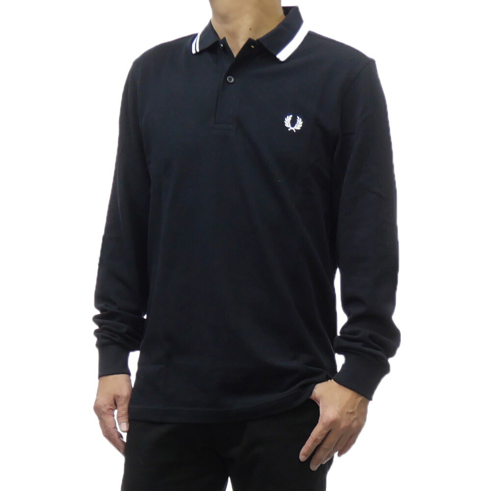 未使用に近い フレッドペリー ロングスリーブ ポロシャツ ブラック×スカイブルー FRED PERRY [フレッドペリー] ツインティップライン ロング
