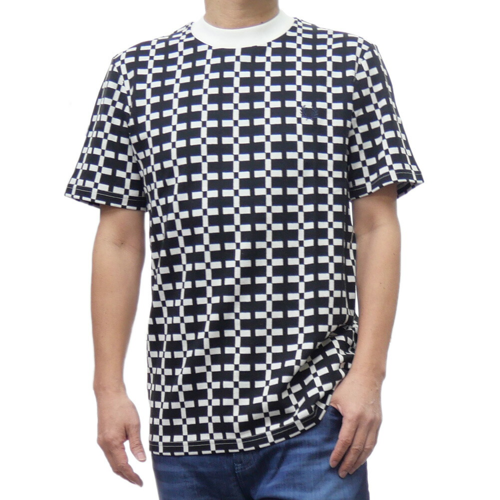 FRED PERRY フレッドペリー 総柄 クルーネック Tシャツ M9864 GEOMETRIC JACQUARD T-SHIRT 半袖 幾何学柄 ブランド ロゴ カジュアル スポーティ アクセント コットン 大きいサイズ メンズ ホワイト×ブラック