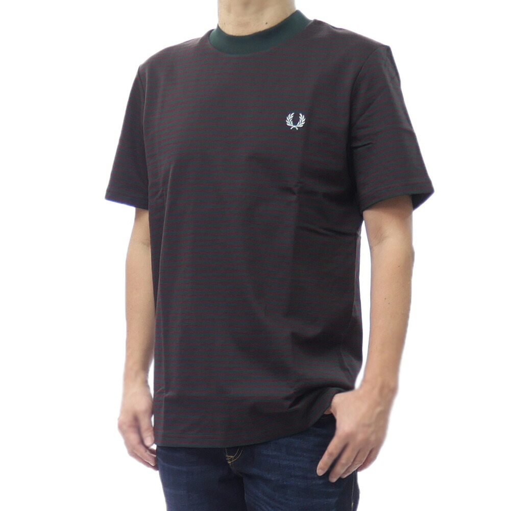 FRED PERRY フレッドペリー クルーネック Tシャツ M6581 / FINE STRIPE HEAVYWEI GHT T-SHIRT メンズ グリーン×レッド 2026春夏新作