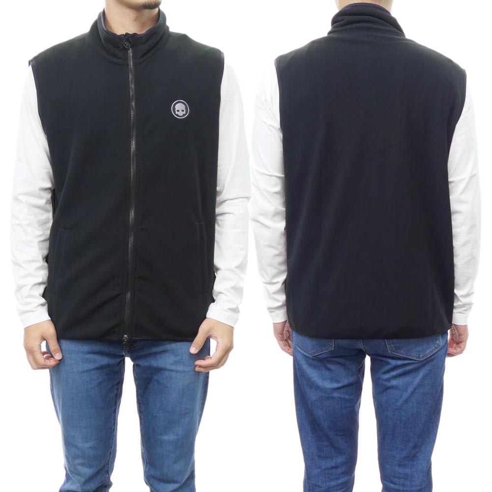 HYDROGEN ハイドロゲン メンズ フリース ベスト G00460 / VEST MICROFLEECE GOLF ブラック マイクロフリース ダブルジップ スカル ロゴ ワンポイント ゴルフ｜TRE STYLE