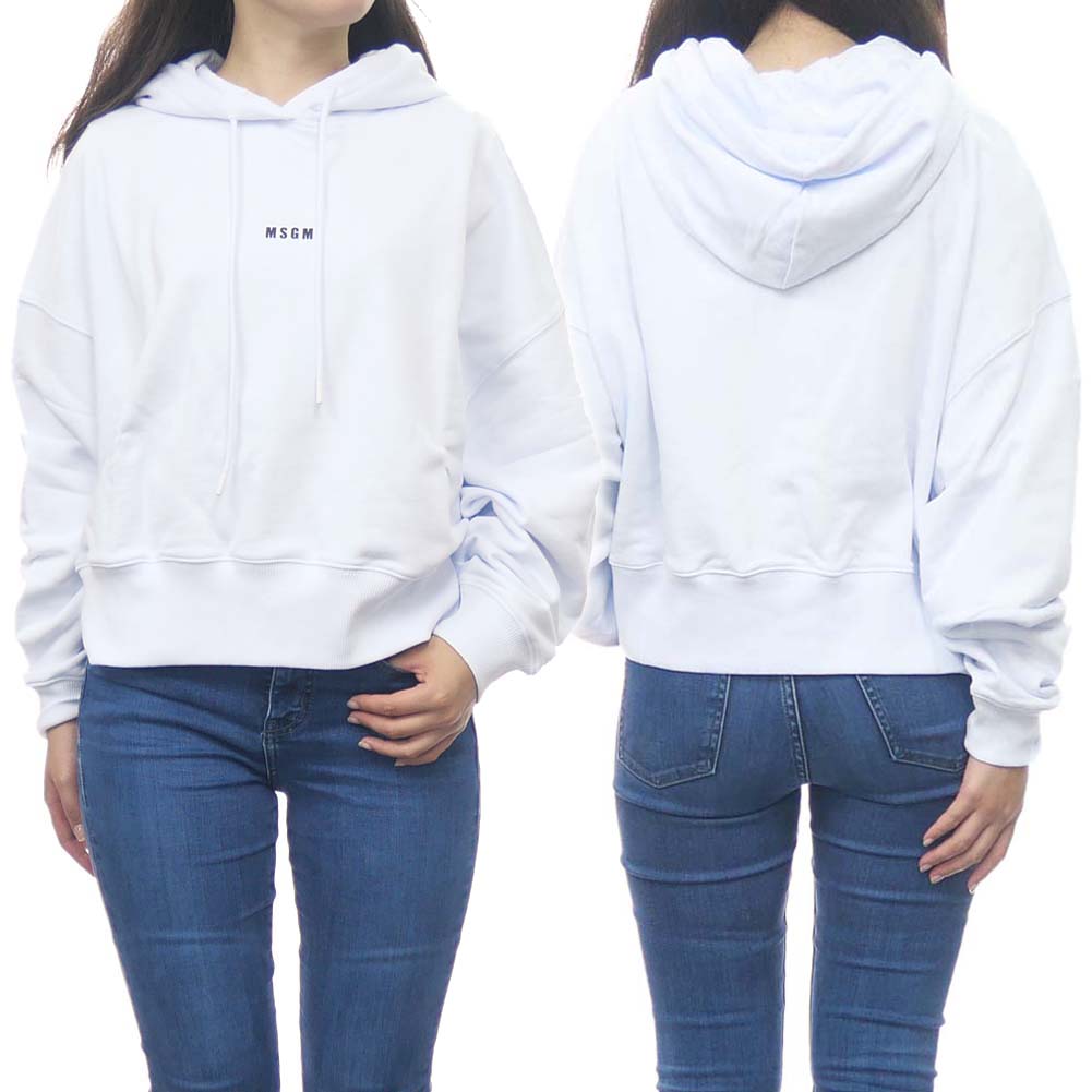 MSGM エムエスジーエム レディース プルオーバー パーカー 2000MDM509 200000 ホワイト フーディ クロップド オーバーサイズ ロゴ プリント 裏毛 スウェット フレンチテリー|TRE STYLE
