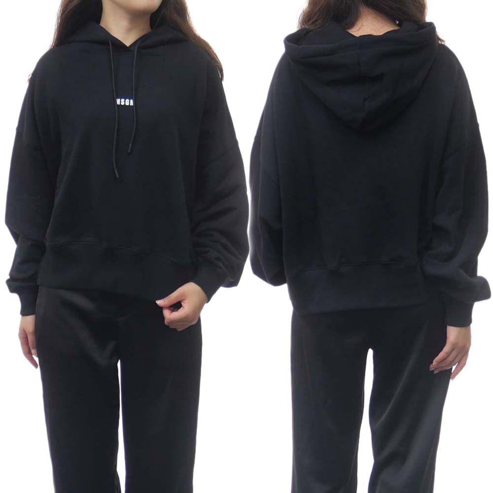 MSGM エムエスジーエム レディース プルオーバー パーカー 2000MDM509 200000 ブラック フーディ クロップド オーバーサイズ ロゴ プリント 裏毛 スウェット フレンチテリー｜TRE STYLE