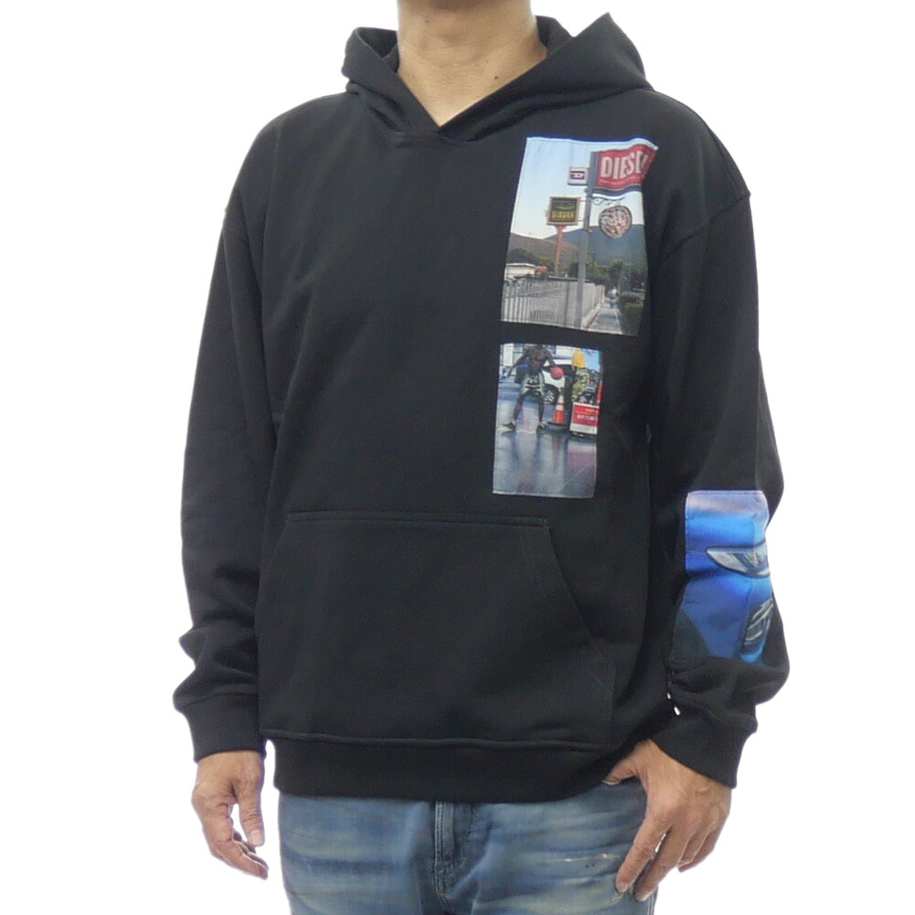 DIESEL ディーゼル メンズ パーカー A19642 0BMBJ / S-BOXT-HOOD-T6 ブラック フォト プリント パッチ プルオーバー フーディ スウェット カジュアル ストリート｜TRE STYLE