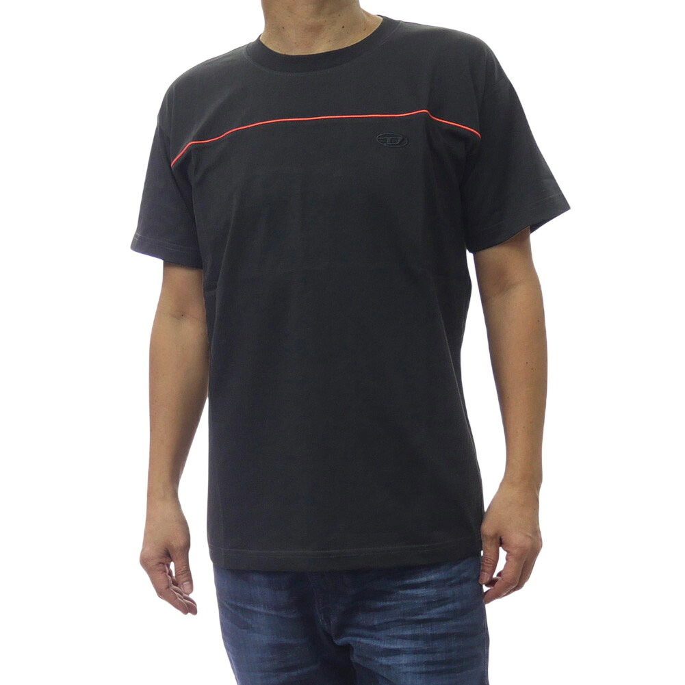 DIESEL ディーゼル メンズ クルーネック Tシャツ A21118 0NIAX / T-NORM-PIPING ブラック ライン シンプル ベーシック|TRE STYLE