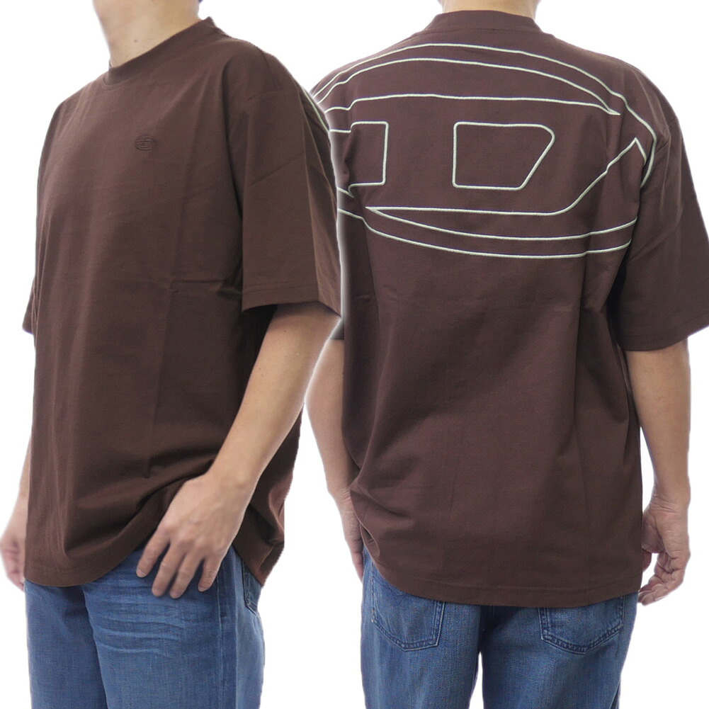 DIESEL ディーゼル メンズ クルーネック Tシャツ A11302 0HGAM / T-BOGGY-MEGOVAL-D ブラウン ロゴ 刺繍 バックプリント|TRE STYLE