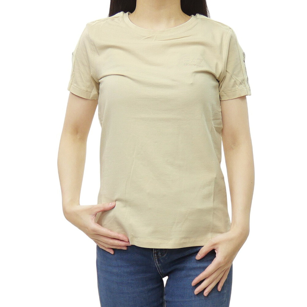 EMPORIO ARMANI エンポリオ アルマーニ EA7 レディース クルーネック Tシャツ 7W001490 AF10373 ベージュ ロゴライン スポーティー｜TRE STYLE