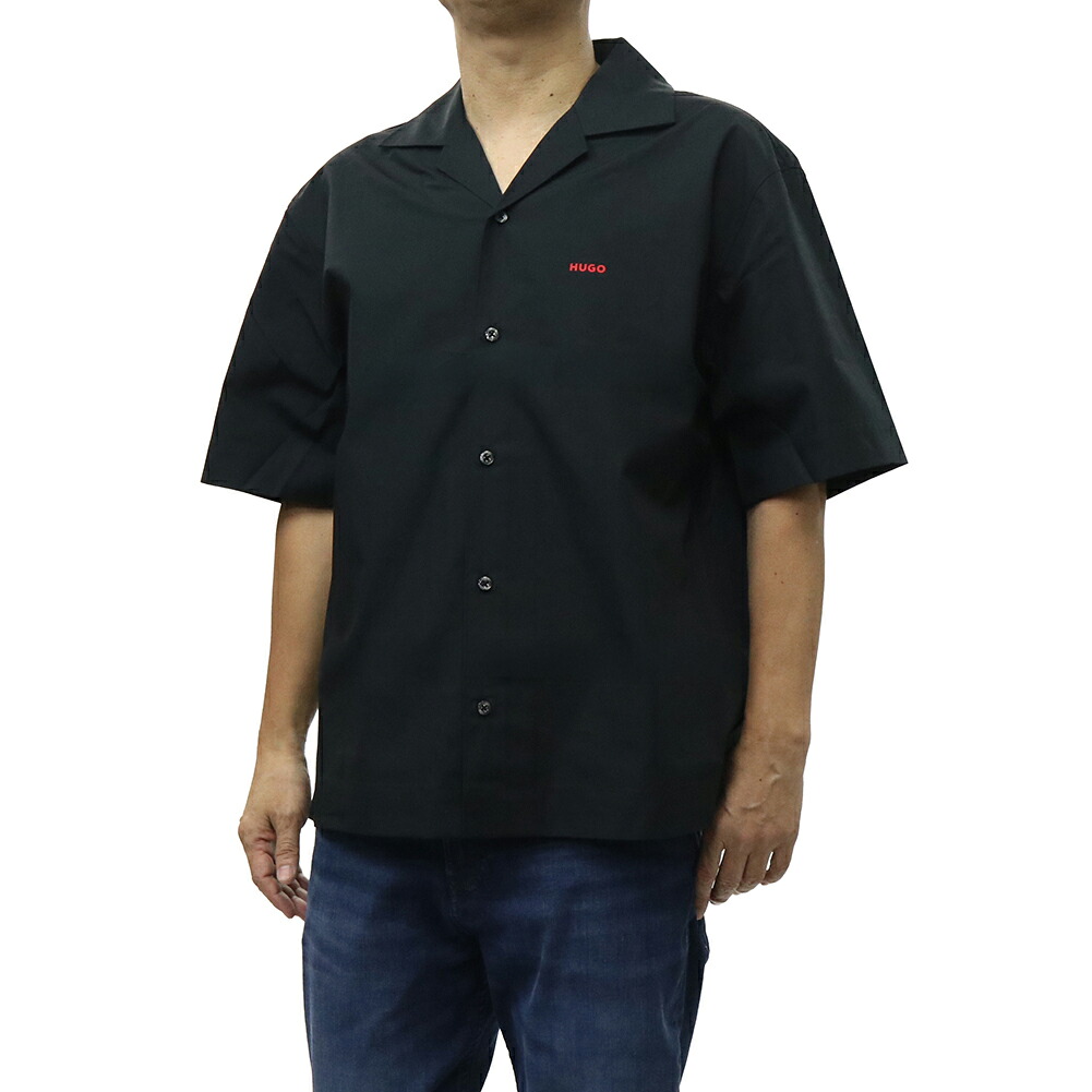 HUGO BOSS ヒューゴボス メンズ 半袖シャツ 50560580 10272025 / Espino オーバーサイズ オープンカラー 開襟 コットン100% ハリ ロゴ刺繍 カジュアル ブラック|TRE STYLE