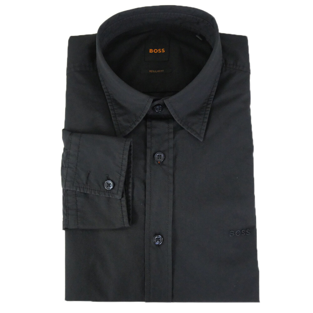 HUGO BOSS ヒューゴボス メンズ カジュアル シャツ 50518304 10260284 / Relegent_6_M コットン ポプリン ウォッシュ加工 長袖 ロゴ刺繍 カジュアル ベーシック ブラック｜TRE STYLE