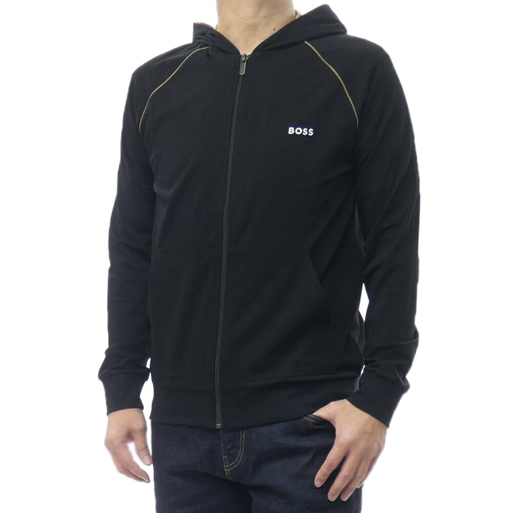 HUGO BOSS ヒューゴボス メンズ ジップアップ パーカー 50515313 10259900 / Mix&Match Jacket H フルジップ フーディ コットン ストレッチ ロゴ 刺繍 ラグランスリーブ ブラック|TRE STYLE