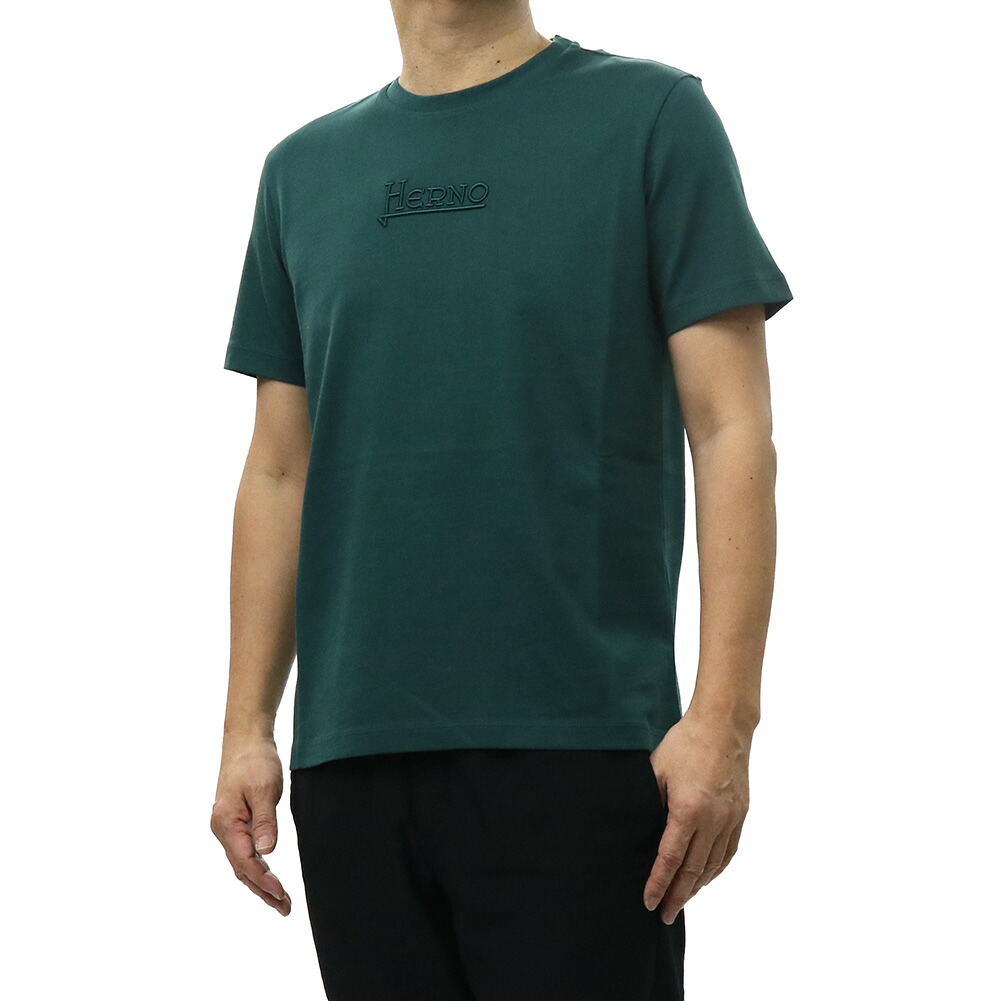 HERNO ヘルノ メンズ クルーネックTシャツ JG000239U 52000 ロゴ刺繍 コットン100％ 防縮 サンフォライズド加工 半袖 カットソー トップス グリーン｜TRE STYLE