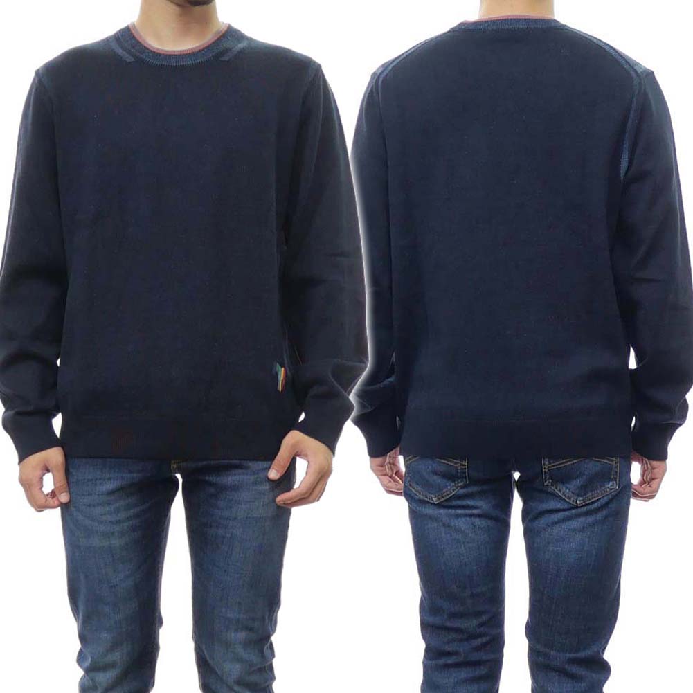PS PAUL SMITH ポールスミス メンズ クルーネック セーター M2R 538XE J21681 ネイビー コットン カシミヤ ダブルフェイス ゼブラ 丸首 カジュアル｜TRE STYLE