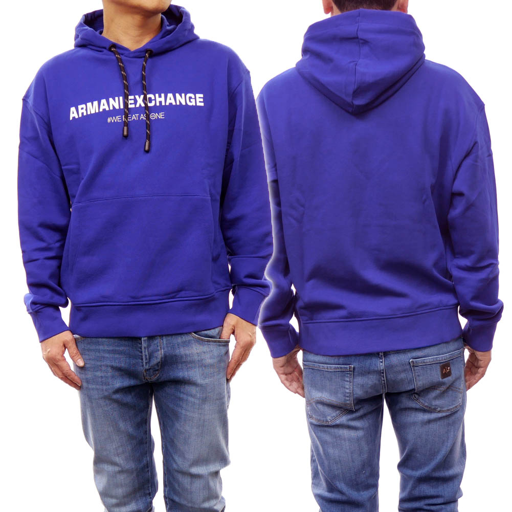 ARMANI EXCHANGE アルマーニ エクスチェンジ A/X メンズ プルオーバー パーカー 6RZMHF ZJDGZ ブルー ロゴ プリント フーディ スウェット トップス カジュアル|TRE STYLE