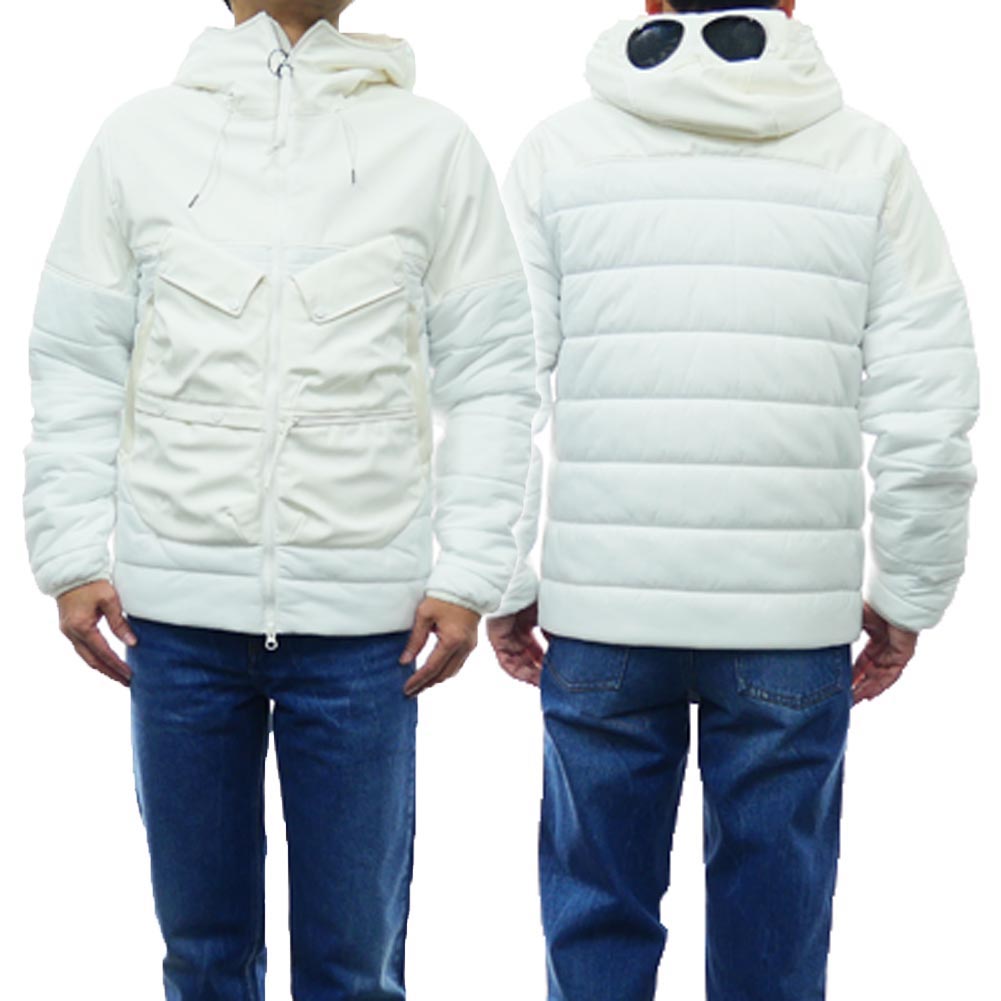 C.P. COMPANY シーピーカンパニー メンズ 中綿ブルゾン 15CMOW014A 006097M ホワイト ゴーグル フード パデッド ジャケット アウター ジップアップ ダブルジップ 防寒 保温 秋 冬｜TRE STYLE