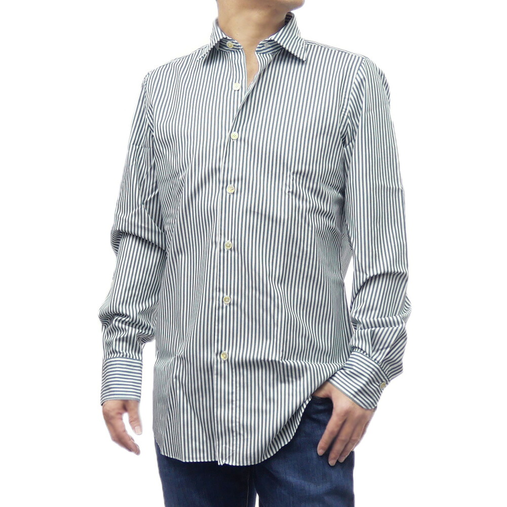 FINAMORE フィナモレ メンズ ワイドカラー シャツ LUIGI / MIL58 460027 C0434 ホワイト&times;グリーン 上品 ストライプ｜TRE STYLE