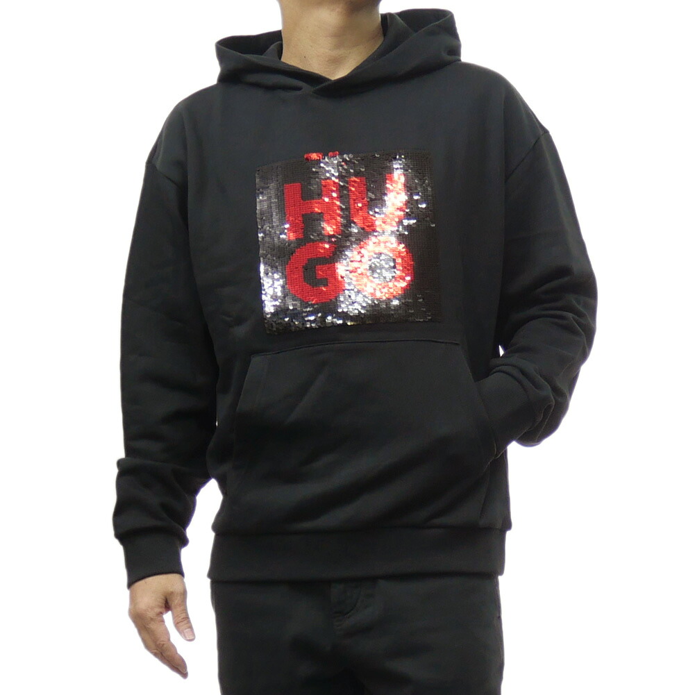 HUGO・HUGO BOSS ヒューゴボス メンズ プルオーバー パーカー 50521506 10249110 / Deseqino ブラック ロゴ スパンコール｜TRE STYLE