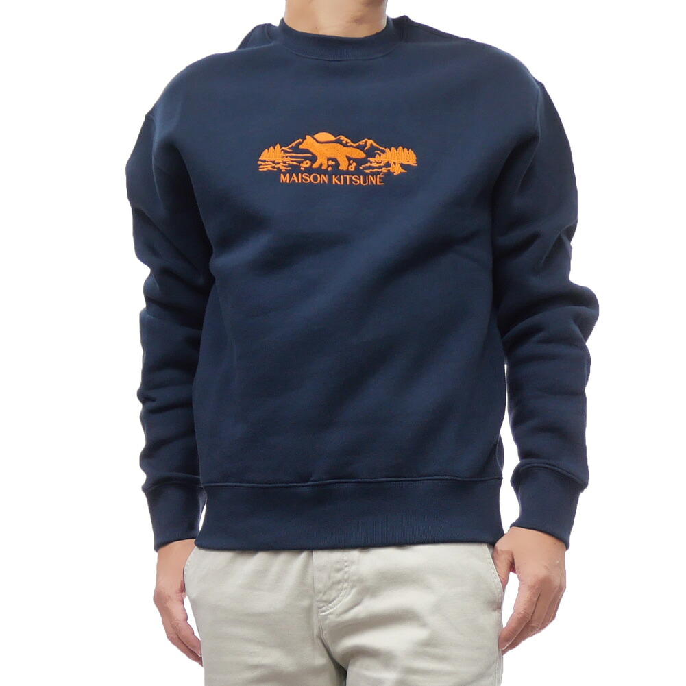 MAISON KITSUNE メゾンキツネ メンズ 裏起毛トレーナー MM00308KM0307 /OUTDOOR PROFILE FOX COMFORT SWEATSHIRT ネイビー ロゴ刺繍 スウェット|TRE STYLE