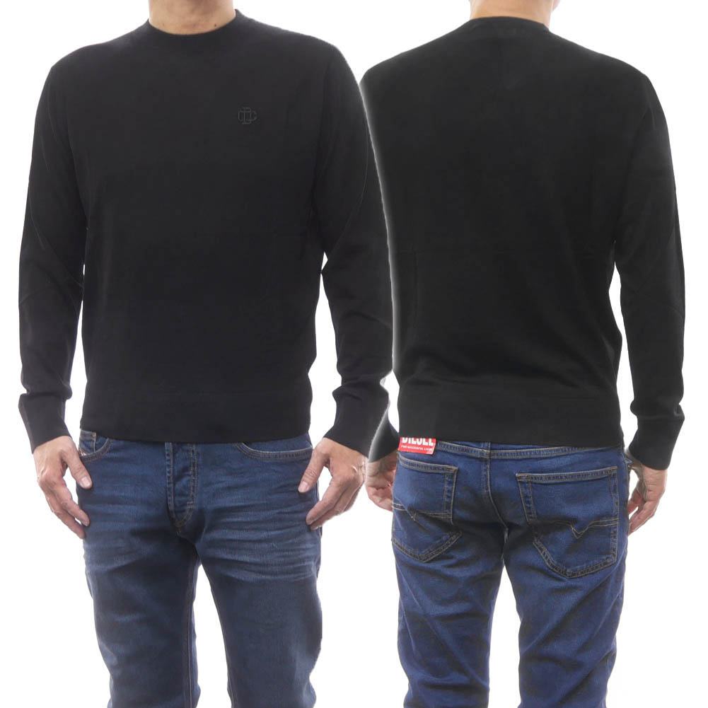 DSQUARED2 ディースクエアード メンズ クルーネック ニット セーター S74HA1368 S18310 ブラック ロゴ刺繍 ウール ハイゲージニット プルオーバー トップス｜TRE STYLE