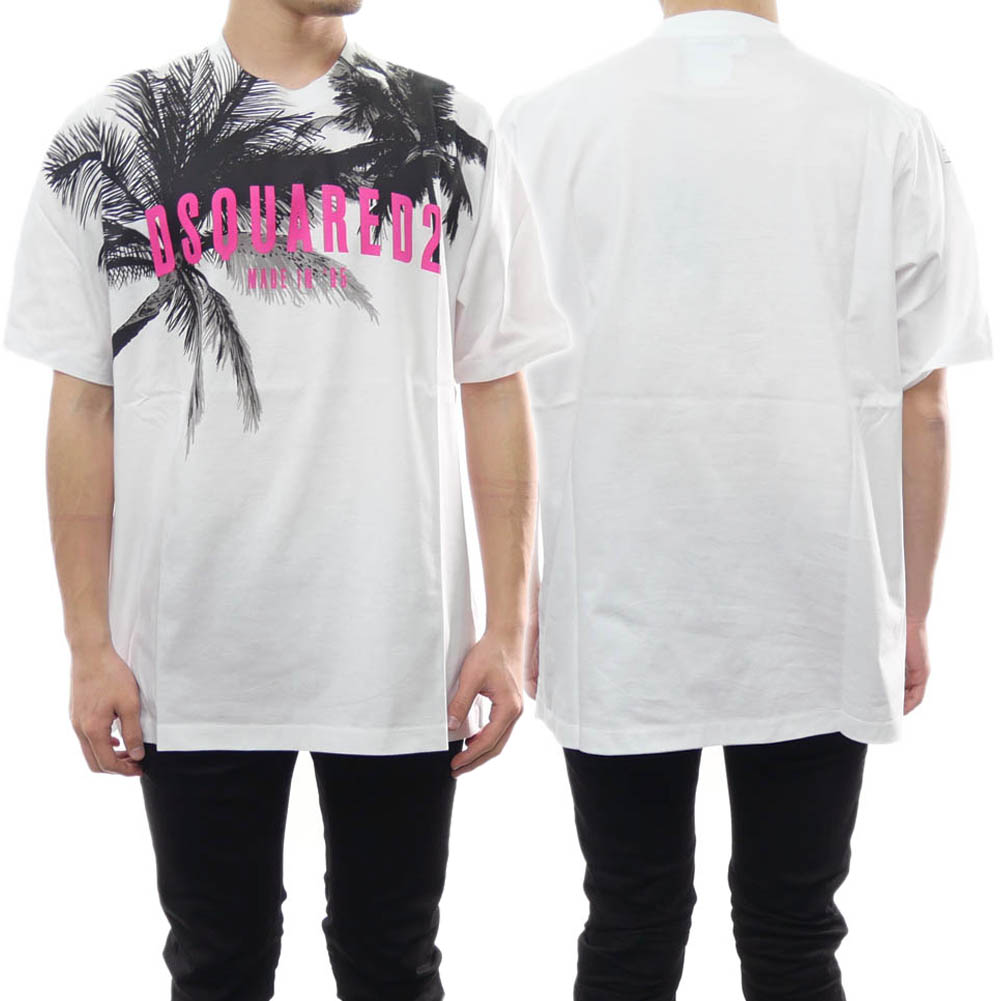 DSQUARED2 ディースクエアード メンズ クルーネックTシャツ S74GD1098 S23009 ホワイト リゾート ボタニカル|TRE STYLE