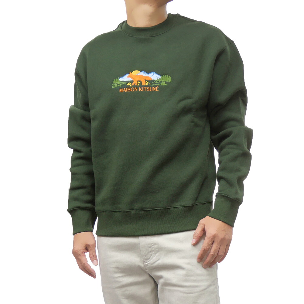 MAISON KITSUNE メゾンキツネ メンズ 裏起毛トレーナー MM00308KM0307 /OUTDOOR PROFILE FOX COMFORT SWEATSHIRT モスグリーン ロゴ刺繍 スウェット｜TRE STYLE