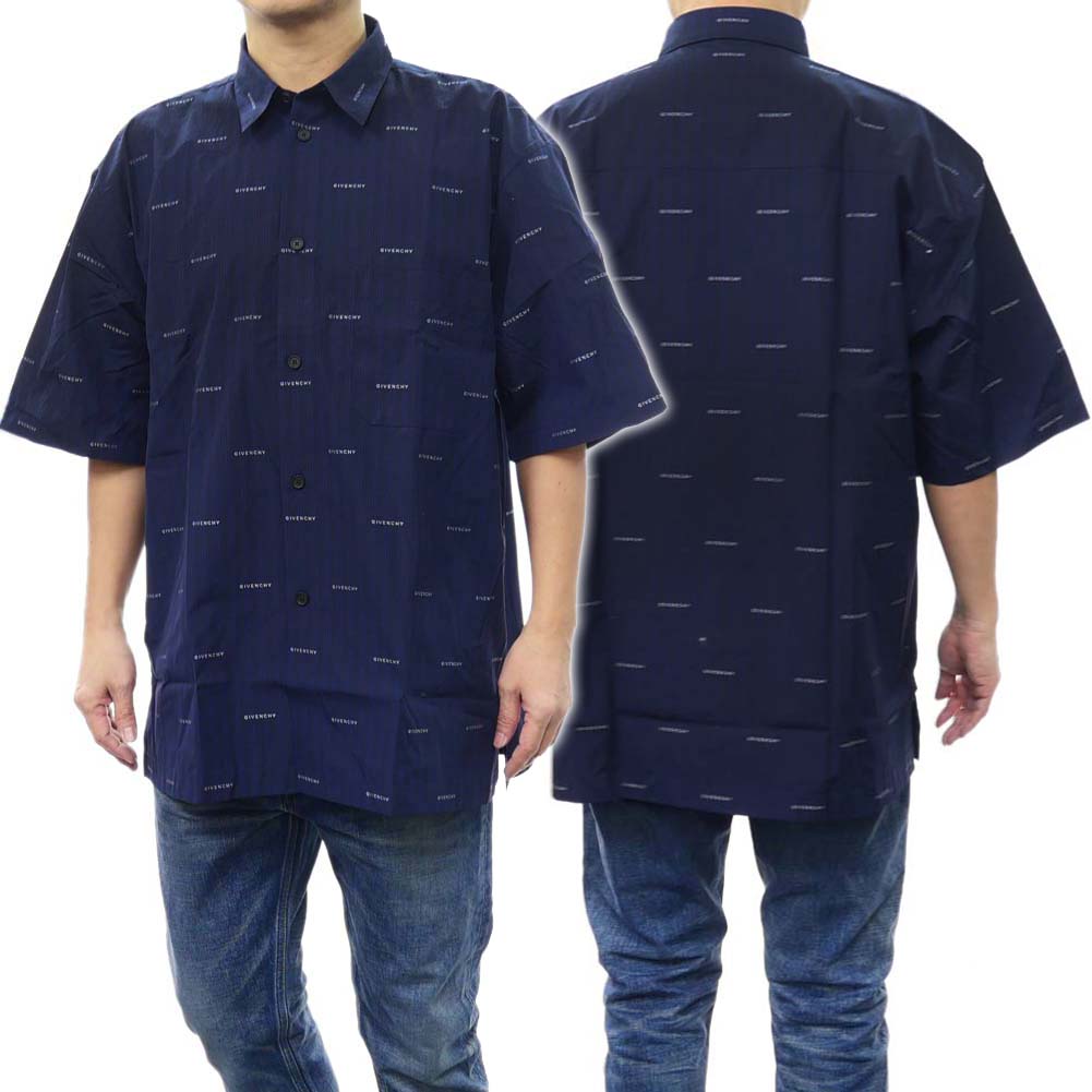 GIVENCHY ジバンシィ メンズ カジュアル シャツ BM60Y614P5 ネイビー ロゴ ストライプ 半袖｜TRE STYLE