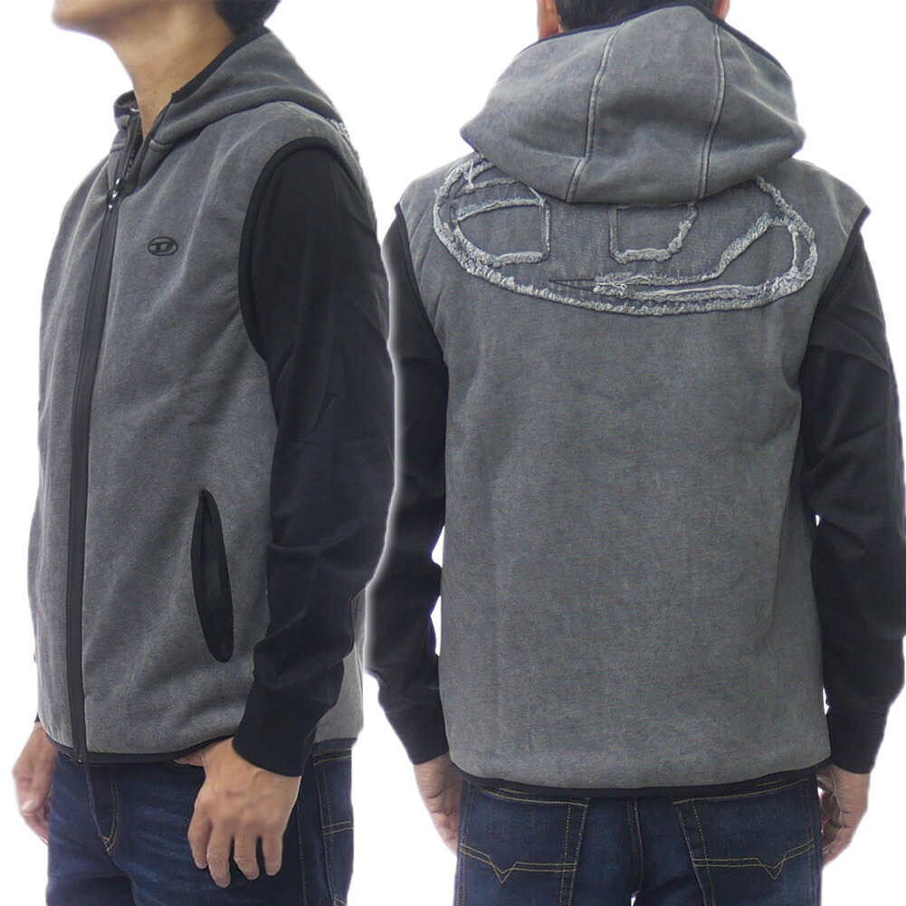 DIESEL ディーゼル メンズ ベスト A19406 0AJFN / S-HAKY-NEW チャコールグレー スリーブレス ジャケット オーバルD ロゴ 裏ボア フード付き 防寒 保温 暖かい 秋 冬 インポート ブランド|TRE STYLE